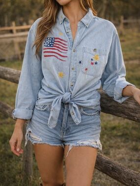 Vintage L.A. Artwear Denim Shirt USA Western Americana Handmade Embellished Med